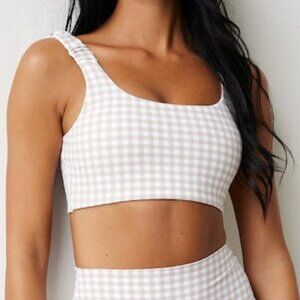 Astoria Activewear LUXE BALANCE Ruched Sports Crop Bra Beige Gingham Size L NWT